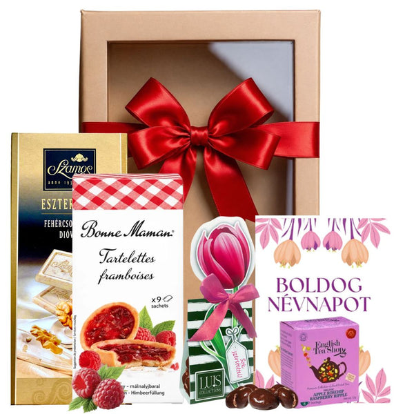Ajándékcsomag névnapra: Édességek, angol tea, francia sütemény tallérok, csokoládés áfonya és saját üzenet díszdobozban.