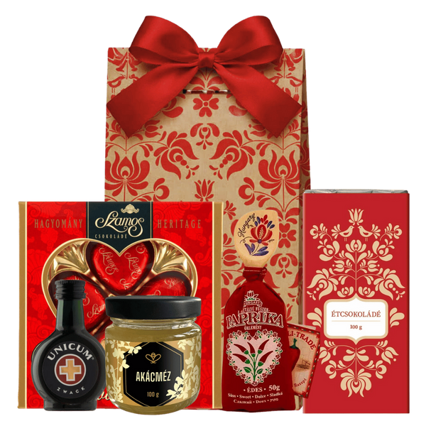 Ajándékcsomag magyar termelői finomságokkal: Akácméz, fűszerpaprika, unicum, Szamos szívek és kézműves csoki magyaros díszdobozan